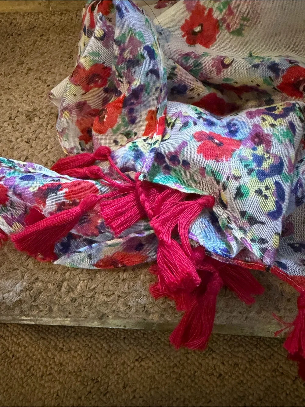 K by KMart Vintage Floral White Scarf with Red Tassels